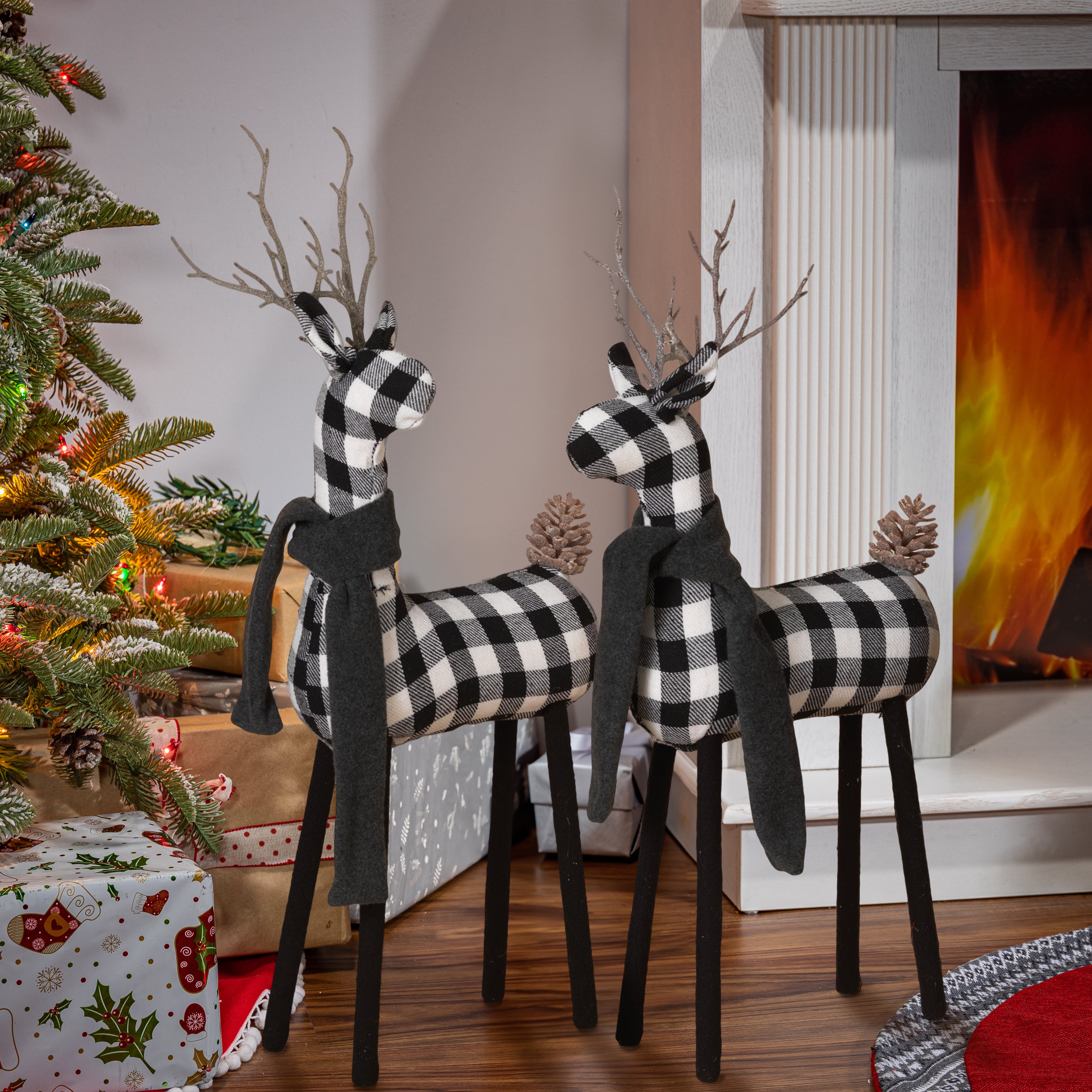 Set of 2 Farmhouse Black and White Christmas Deer Figurines